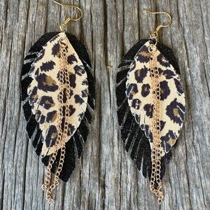 Western Boho faux leopard print leather layered dangle feather earrings